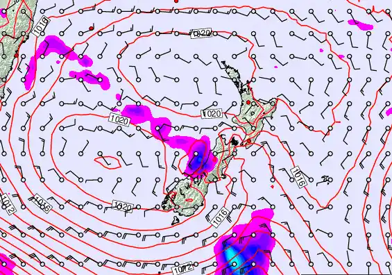 New Zealand forecast chart for Monday, February 23rd, 2026 at 6:00 PM