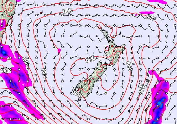 New Zealand forecast chart for Tuesday, February 24th, 2026 at 12:00 PM
