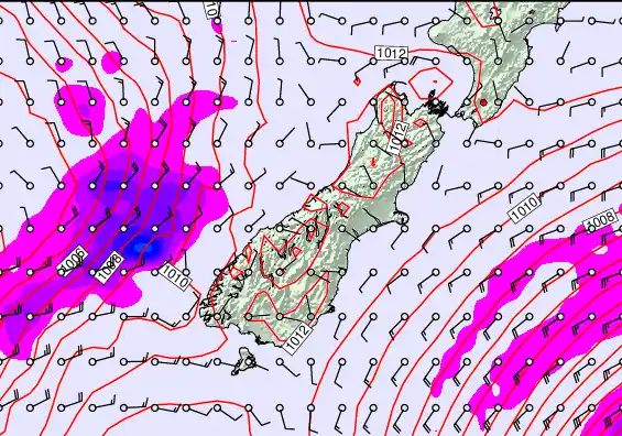 South Island forecast chart for Sunday, December 21st, 2025 at 12:00 PM