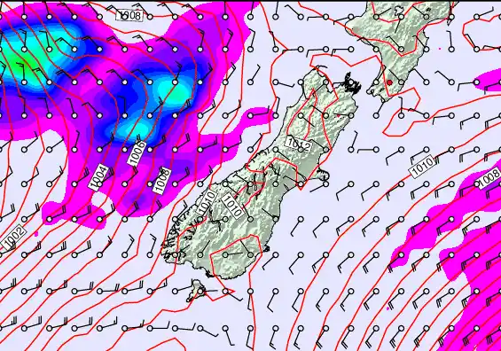 South Island forecast chart for Sunday, December 21st, 2025 at 6:00 PM