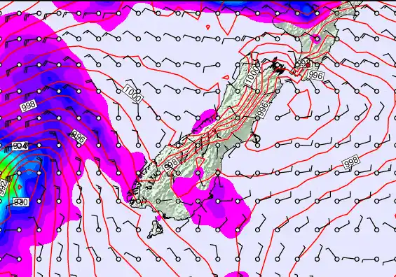 South Island forecast chart for Tuesday, December 23rd, 2025 at 12:00 PM