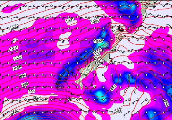 South Island forecast chart for Thursday, December 25th, 2025 at 12:00 PM