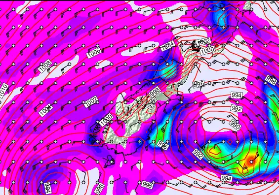 South Island forecast chart for Saturday, December 27th, 2025 at 12:00 AM
