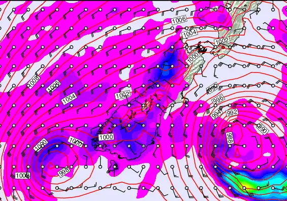 South Island forecast chart for Saturday, December 27th, 2025 at 6:00 AM