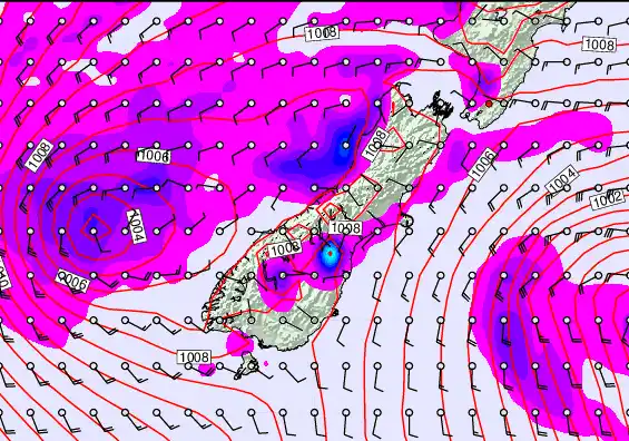 South Island forecast chart for Saturday, December 27th, 2025 at 6:00 PM