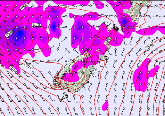 South Island forecast chart for Sunday, December 28th, 2025 at 12:00 AM