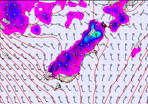 South Island forecast chart for Sunday, December 28th, 2025 at 6:00 AM