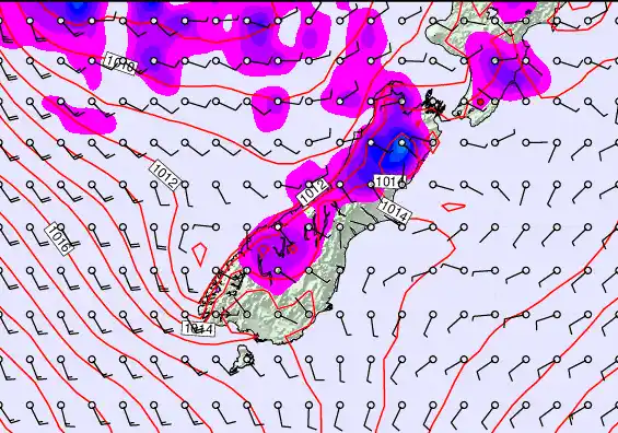 South Island forecast chart for Sunday, December 28th, 2025 at 12:00 PM