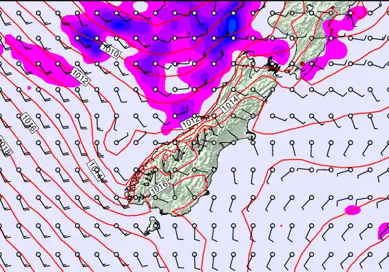 South Island forecast chart for Sunday, December 28th, 2025 at 6:00 PM