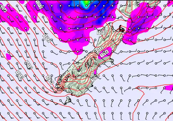 South Island forecast chart for Monday, December 29th, 2025 at 12:00 AM