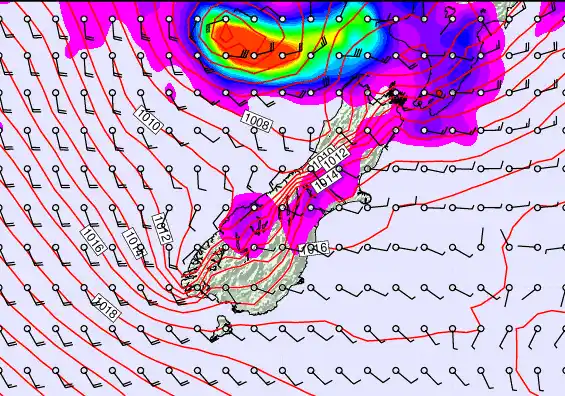 South Island forecast chart for Monday, December 29th, 2025 at 6:00 AM
