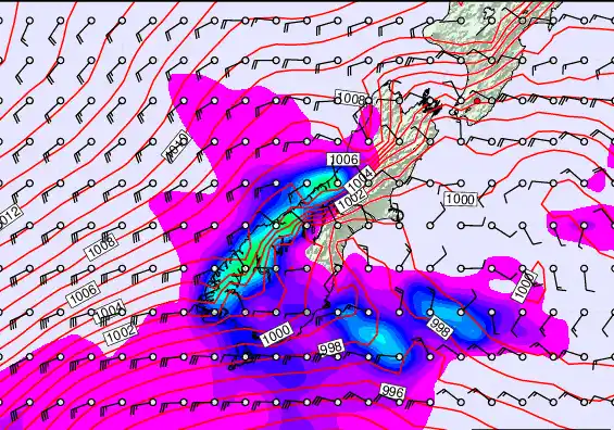 South Island forecast chart for Thursday, February 19th, 2026 at 6:00 PM