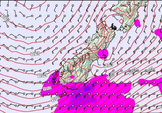 South Island forecast chart for Friday, February 20th, 2026 at 12:00 PM