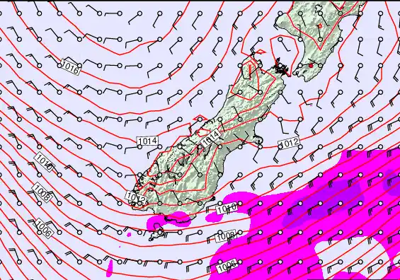 South Island forecast chart for Friday, February 20th, 2026 at 6:00 PM