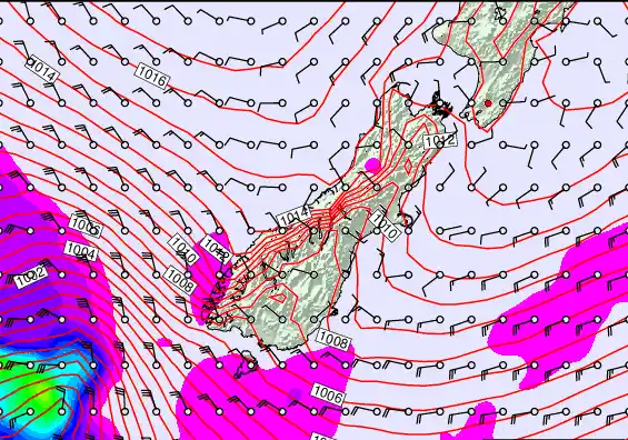 South Island forecast chart for Saturday, February 21st, 2026 at 12:00 AM