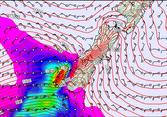 South Island forecast chart for Saturday, February 21st, 2026 at 6:00 AM