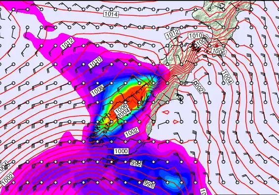 South Island forecast chart for Saturday, February 21st, 2026 at 12:00 PM