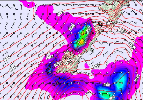 South Island forecast chart for Saturday, February 21st, 2026 at 6:00 PM