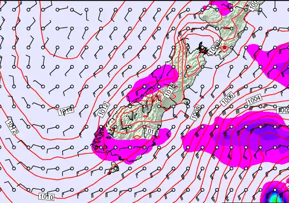South Island forecast chart for Sunday, February 22nd, 2026 at 6:00 AM