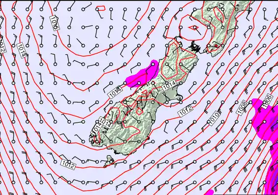 South Island forecast chart for Sunday, February 22nd, 2026 at 12:00 PM