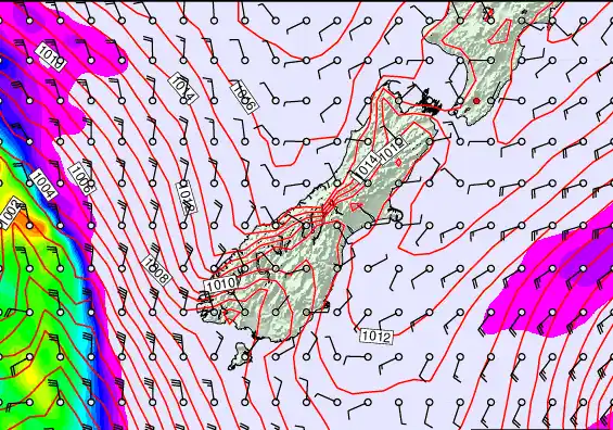 South Island forecast chart for Monday, February 23rd, 2026 at 12:00 AM