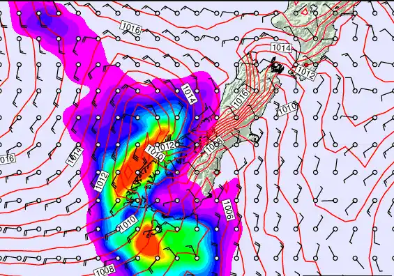 South Island forecast chart for Monday, February 23rd, 2026 at 12:00 PM