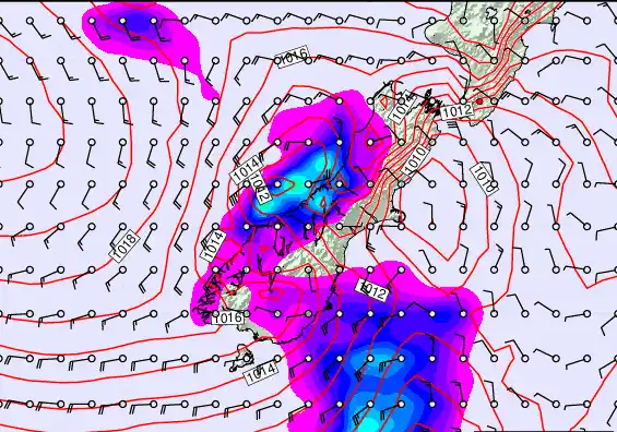 South Island forecast chart for Monday, February 23rd, 2026 at 6:00 PM
