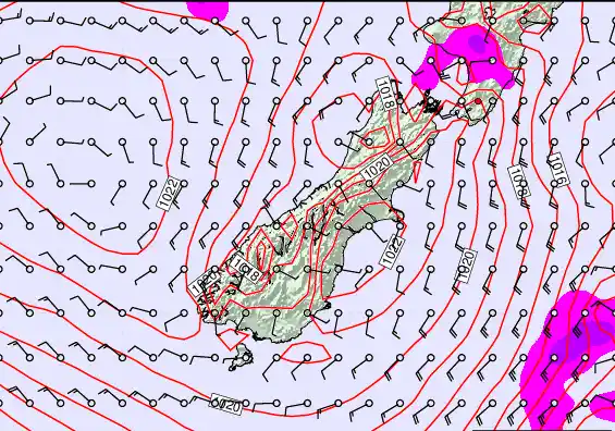 South Island forecast chart for Tuesday, February 24th, 2026 at 6:00 AM