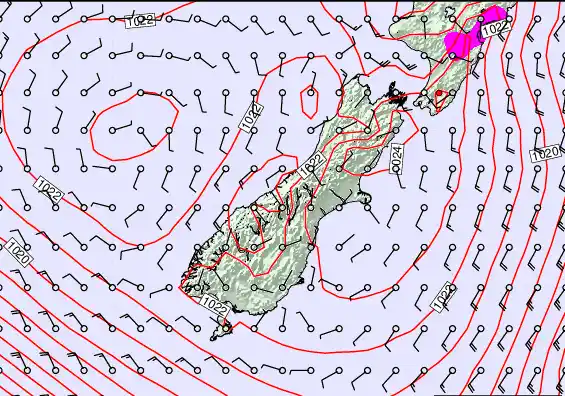 South Island forecast chart for Tuesday, February 24th, 2026 at 12:00 PM