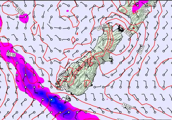 South Island forecast chart for Wednesday, February 25th, 2026 at 12:00 PM
