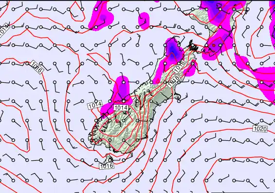 South Island forecast chart for Friday, February 27th, 2026 at 6:00 AM