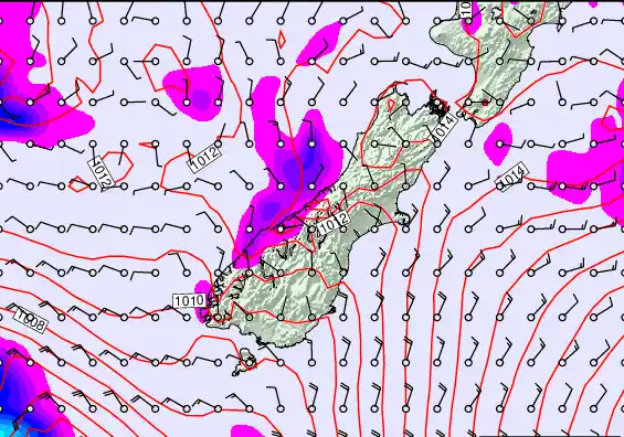 South Island forecast chart for Friday, February 27th, 2026 at 6:00 PM