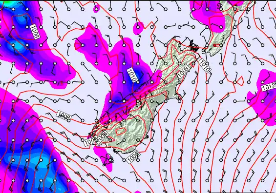 South Island forecast chart for Saturday, February 28th, 2026 at 12:00 AM