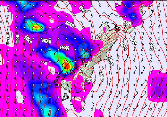 South Island forecast chart for Saturday, February 28th, 2026 at 6:00 AM