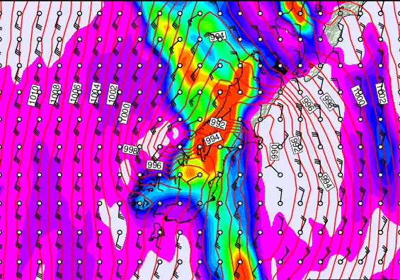 South Island forecast chart for Saturday, February 28th, 2026 at 6:00 PM