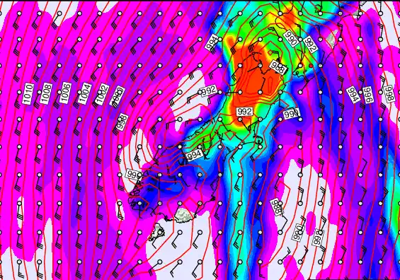 South Island forecast chart for Sunday, March 1st, 2026 at 12:00 AM