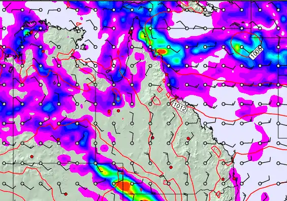 Queensland forecast chart for Monday, February 9th, 2026 at 12:00 AM