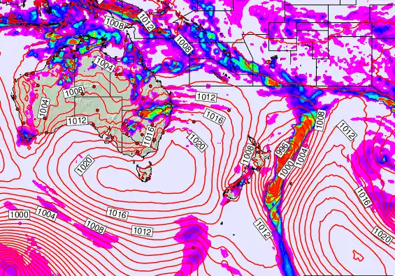 South West Pacific forecast chart for Saturday, February 14th, 2026 at 12:00 PM
