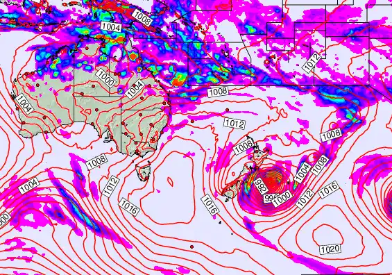 South West Pacific forecast chart for Sunday, February 15th, 2026 at 6:00 PM