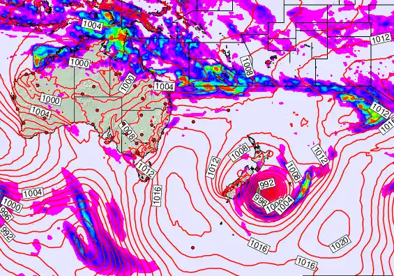 South West Pacific forecast chart for Monday, February 16th, 2026 at 6:00 AM