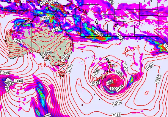 South West Pacific forecast chart for Monday, February 16th, 2026 at 12:00 PM