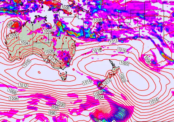 South West Pacific forecast chart for Saturday, February 21st, 2026 at 12:00 PM