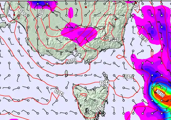 Victoria & Tasmania forecast chart for Sunday, February 8th, 2026 at 6:00 PM