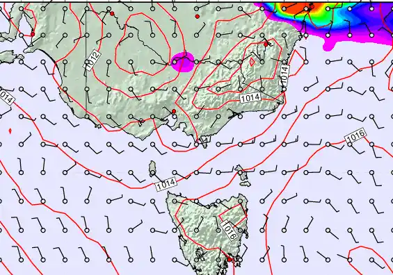 Victoria & Tasmania forecast chart for Monday, February 9th, 2026 at 6:00 PM
