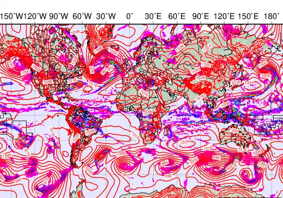 World forecast chart for Sunday, December 7th, 2025 at 12:00 AM