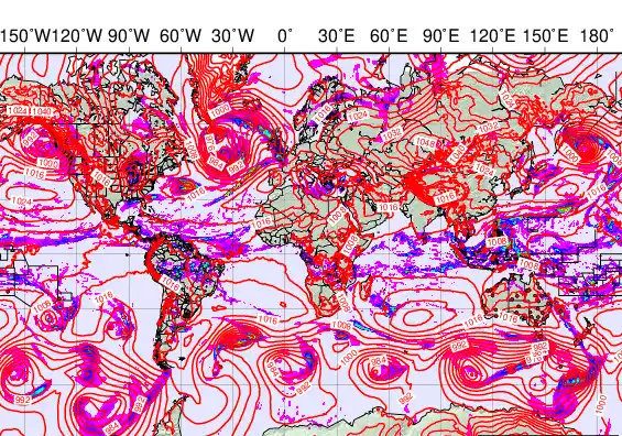 World forecast chart for Sunday, December 7th, 2025 at 12:00 PM