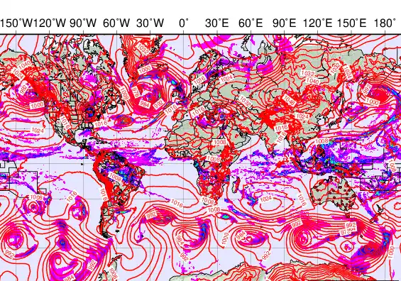 World forecast chart for Sunday, December 7th, 2025 at 6:00 PM