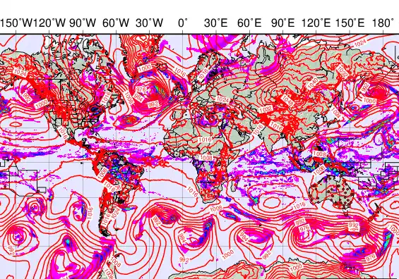 World forecast chart for Monday, December 8th, 2025 at 12:00 AM