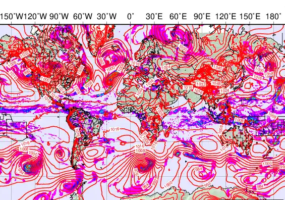 World forecast chart for Tuesday, December 9th, 2025 at 12:00 PM