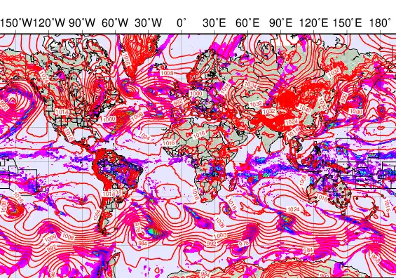 World forecast chart for Saturday, February 7th, 2026 at 12:00 AM